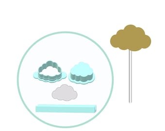 May include: A selection of cloud-shaped cookie cutters and a cloud-shaped cake topper. The cookie cutters are light blue and grey, with a rectangular base. The cake topper is gold with a silver stick.