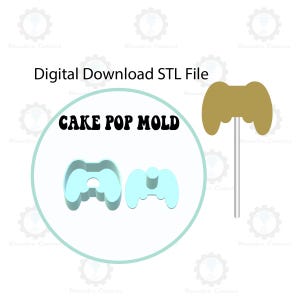 Puede incluir: Un archivo STL de descarga digital para un molde de cake pop con forma de mando de videojuego. El molde es de color azul claro y el texto "CAKE POP MOLD" está en negro.