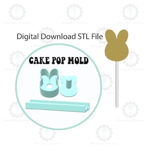 Puede incluir: Descarga digital de archivo STL para un molde de cake pop. El molde tiene forma de conejo con dos orejas. El molde es de color azul claro y el texto "CAKE POP MOLD" es de color negro. Se incluye un palo para el cake pop.