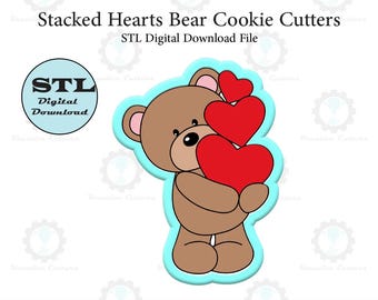 Formine per biscotti a forma di orso con cuori sovrapposti / File STL