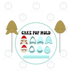 May include: A collection of cake pop molds and assembled cake pops. The molds are in the shape of elf faces and hats. The text "CAKE POP MOLD" is in the center of the image. The cake pops are on sticks.