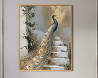 Blue Peacock Painting on Canvas | Original Garden Stairs Wall Art | Gold Leaf Textured Bird Art | Made to Order Hand Painted