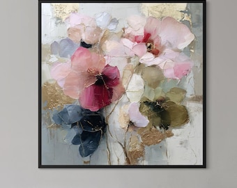 Quadro astratto floreale rosa cipria, opera d'arte originale su tela con texture, decorazione murale con fiori in foglia d'oro, grande dipinto floreale neutro, arredamento moderno.