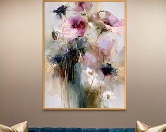 Pink Poppy Oil Painting on Canvas | Original Floral Wall Art | Gold Leaf Botanical | Made to Order Hand Painted Flowers