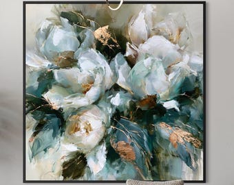 Luxury Floral Wall Art, White Peony Painting, Gold Leaf Canvas Art, Hand Painted Acrylic Painting, Sage Green Home Decor