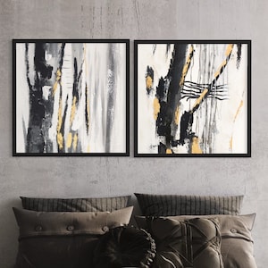 Blanco y negro 2 cuadros abstractos, Pintura minimalista sobre lienzo, Arte moderno, Grandes cuadros murales, Pintura original, Pintura negra