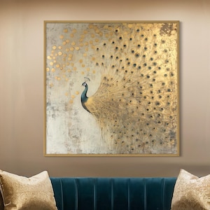 Obraz "Złoty paw" na płótnie, ręcznie malowane dzieło sztuki z prawdziwym złotym liściem, elegancka sztuka ścienna, oryginalny obraz akrylowy, duże dzieło sztuki