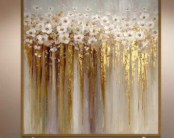 Original Gold Drip Floral Painting, Handmade Textured White Flowers Art, Gold Leaf Canvas, Custom Order Luxury Wall Decor Modern Blossom Art
