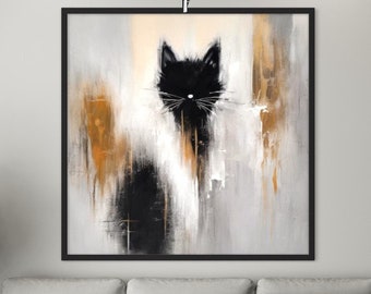 Black Cat Abstract Painting, Modern Cat Wall Art, Original Hand Painted Canvas, Minimalist Black and Gold Animal Art, Unique Cat Lover Gift
