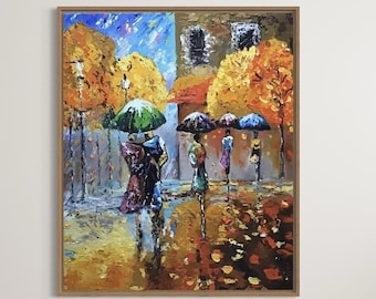 May include: A painting depicting people walking under umbrellas in a park with autumnal foliage. The artwork is executed in a colourful, impressionistic style.