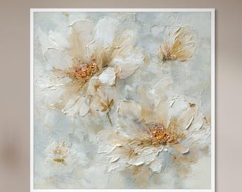 Dipinto di fiori bianchi testurizzati, arte murale floreale neutra, tela originale dipinta a mano, moderna opera d'arte floreale realizzata con spatola, elegante arredamento per la casa