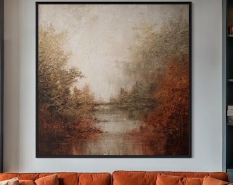 Grande dipinto di paesaggio autunnale su tela, originale dipinto a mano in acrilico, dipinto di foresta strutturato, arredamento per la casa ispirato alla natura.