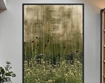 Wild Meadow Grass Painting, Green Field Landscape Art, Tall Grass Coneflower Art, Original Textured Painting