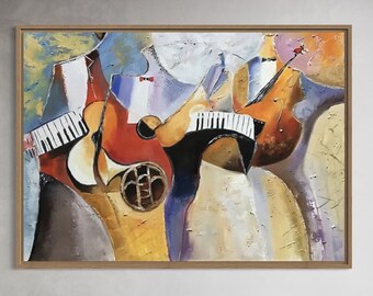 Levendige abstracte muziekinstrumenten schilderij, jazz-geïnspireerde wandkunst voor muziekliefhebbers en woonaccessoires, handgemaakt op canvas