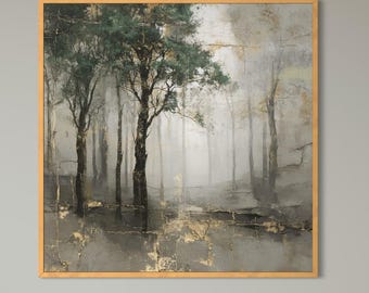 Quadro da parete "Foresta nebbiosa", dipinto su tela con texture personalizzata, albero con foglia d'oro, arredamento moderno e neutro, olio acrilico originale.