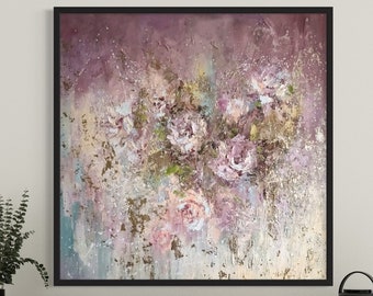 Floral Abstract Painting, Purple Pink Painting, Rose Art on Canvas, Contemporary Art on Canvas, Painting on Canvas