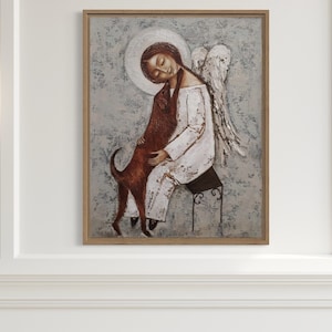 Angel and dog, angel painting, religious painting, beautiful angel art, angel on canvas