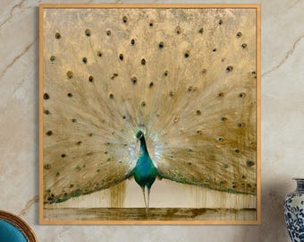 Gold Peacock Wall Art, Luxury Hand Painted Canvas, Large Statement Artwork, Elegant Peacock Painting, Custom Acrylic Wall Decor