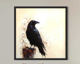 Black Raven and Flowers Beige Painting - Nature Inspired Art,Hand Painted Beige Painting*(R-7)