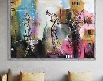 Abstract Jazz Band Schilderij Moderne Kleurrijke Muziek Muurkunst met Saxofoon, Trompet en Bas – Levendige Acryl Urban Jazz Decoratie