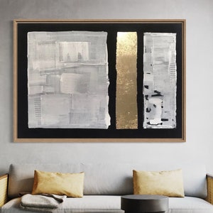 large gold abstract acrylic painting,black gray gold textured abstract