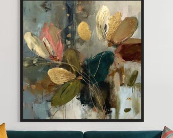 Large Abstract Flower Painting with Gold Leaf | Original Acrylic on Canvas | Modern Floral Wall Art, Handmade Textured Artwork