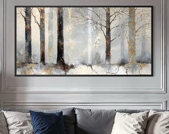 Quadro da parete con motivo boschivo, dipinto su tela di lusso dai toni neutri, opera d'arte con albero dorato, arredamento moderno e organico per la casa.
