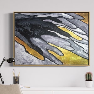 Pintura abstracta de oro, pintura negra, pintura original, pintura a mano sobre lienzo, manos doradas sobre lienzo,