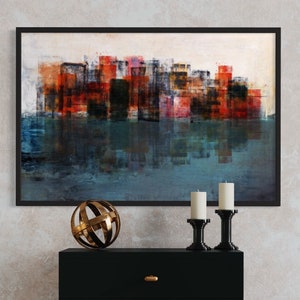 Cityscape, Abstract painting on canvas, Blue city painting, Original painting, Framed art, Contemporary wall art, Blue red wall decor