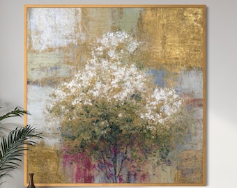 Dipinto floreale vintage, decorazione murale floreale in stile antico, tela originale dipinta a mano, opera d'arte botanica romantica, decorazione con texture dorata