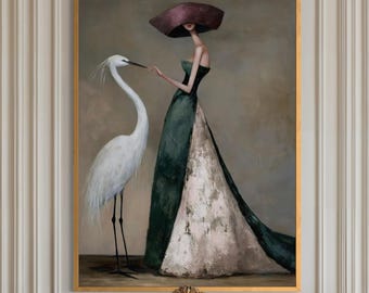 Woman and Bird Painting on Canvas | Elegant Fashion Portrait Wall Art | Green Gown Original Figurative Art | Made to Order Hand Painted