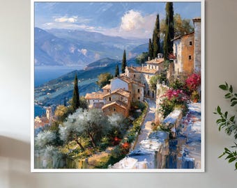 Italian Hillside Village Painting, Mediterranean Lake View Art, Cypress and Olive Trees, Original Palette Knife Canvas