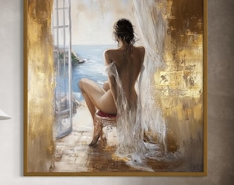 Cuadro al óleo de una mujer sensual junto a la ventana, elegante arte mural de desnudo, lienzo de lujo con textura dorada, decoración romántica para el dormitorio, obra de arte femenina original.