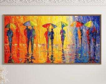 Vivid Textured People Art,Abstract Painting of People with Umbrellas on Canvas,Colorful People Art Textured Bedroom Decor with Umbrellas