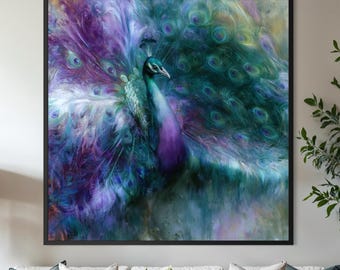 Peacock Wall Art, Luxury Purple Teal Canvas Painting, Elegant Bird Artwork, Original Acrylic Oil Painting, Statement Home Decor