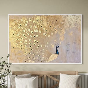 Peinture Paon Doré – 100x150 cm Art Original Acrylique sur Toile avec Feuille d'Or – Art Mural Luxueux, Pièce de Déclaration Peinte à la Main