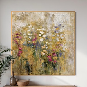Dipinto a olio personalizzato con fiori di campo su tela, arte murale floreale in impasto per arredamento moderno, fiori astratti dipinti a mano con accenti dorati