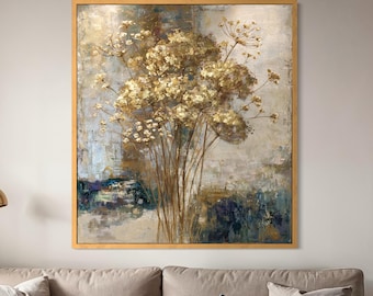 Vintage Wildflower Painting Golden Botanical Wall Art, Neutral Floral Decor, Rustic Cottagecore Artwork