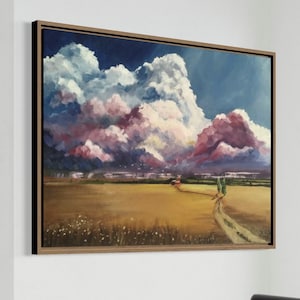 Landscape Art, Wheat Field, Clouds Wall Art, Original abstract landscape on canvas, Wheat field, Beautiful clouds