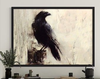 Black Raven Painting, Abstract Art with Birds, Black Raven Wall Decor, Bird Painting, Contemporary Art on Canvas