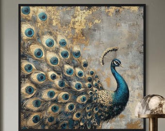 Dipinto di pavone maestoso, arte murale in foglia d'oro, tela dipinta a mano, opera d'arte con uccello blu turchese, elegante arte strutturata, arredamento per la casa di lusso con cornice.