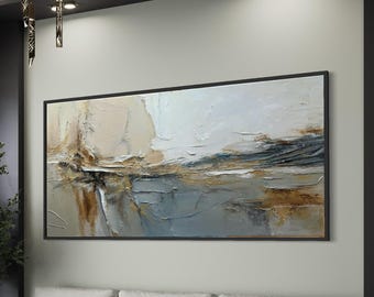 Original Abstract Seascape Painting, Neutral Textured Wall Art, Gold Landscape, Large Canvas Art, Custom Artwork