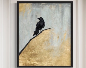Black raven painting on canvas, Original minimalist gray gold painting, Raven painting, Black bird on canvas,