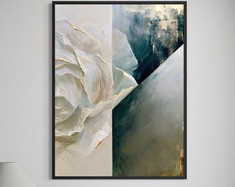 Gold Leaf Rose Painting, Abstract Floral Wall Art, Textured White Gold Canvas, Large Modern Botanical Art