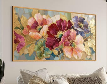 Dipinto floreale colorato originale, decorazione murale floreale con texture dorata, grande opera d'arte su tela, arredamento moderno di lusso, arte floreale d'effetto