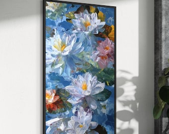 Ninfee da sogno | Dipinto acrilico originale su tela, Arte murale floreale blu, Grande opera d'arte con loto materico, Decorazione per la casa fatta a mano