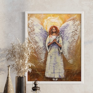 Hand Painted Angel with White Wings,Unique Acrylic Wall Art on Canvas,Heavenly Angel Painting on Canvas,Hand Painted White Wings Artwork