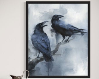 Corbeau peinture sur toile, corbeau peint à la main à l'acrylique, deux corbeaux noirs, peinture oiseaux noirs peinture oiseaux