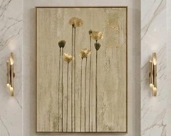 Dipinto minimalista con fiori dorati, arte murale botanica neutra, tela testurizzata originale, opera d'arte floreale beige moderna, arredamento di lusso per la casa