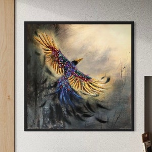 Original raven painting, Golden black raven on canvas, Raven painting, Gems painting